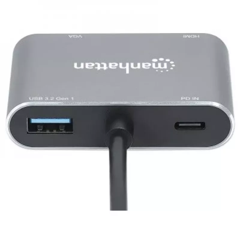 Manhattan Stacja dokująca / hub USB-C, porty (x4): HDMI, USB-A, USB-C i VGA, z Power Delivery (PD) 87 W - wymaga zewnętrznej ładowarki USB-C (nie dołączono). Zasilanie przez USB (nie wymaga zewnętrznego zasilacza), gdy PD nie jest używane, aluminium