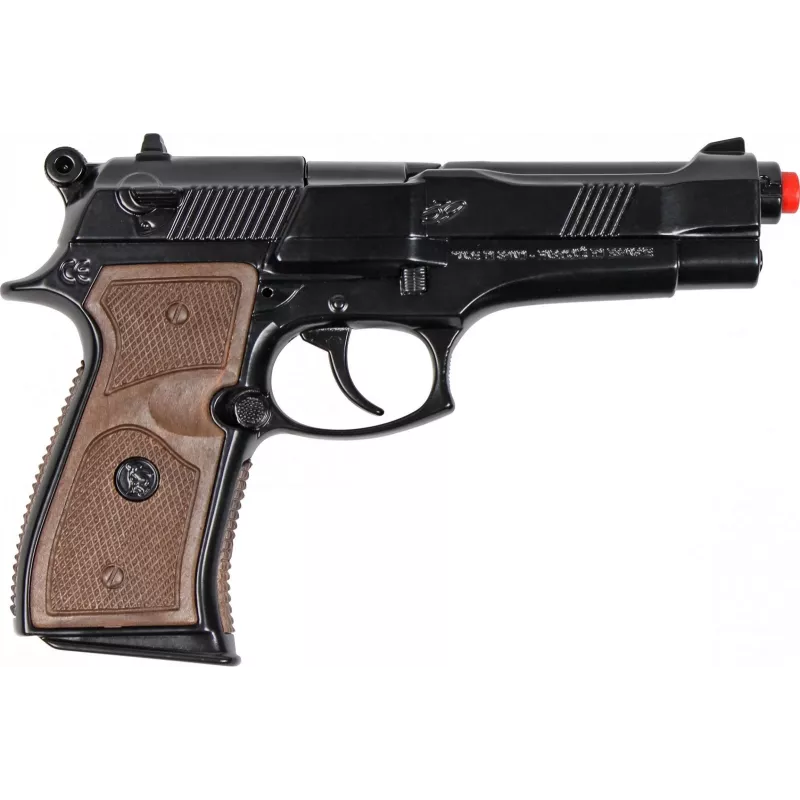Metalowy pistolet policyjny zabawka Pulio model 15539/6 — metalowa konstrukcja, akcesorium zabawkowe
