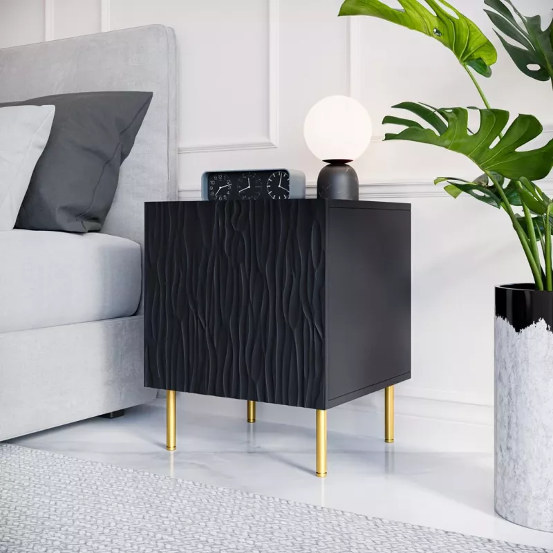 Komplet 2 szafek nocnych cama meble JUNGLE — 53,5×40,5×44 cm, czarny mat MDF/płyta wiórowa, złote nogi