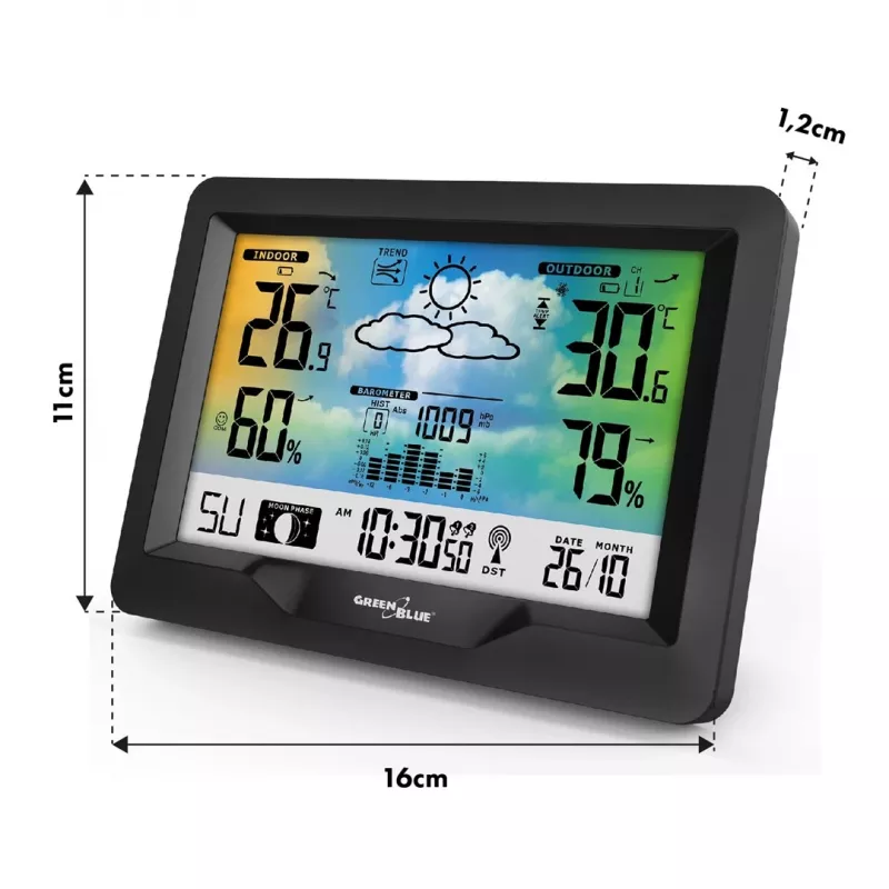 Bezprzewodowa stacja pogodowa GreenBlue GB540N — monitorowanie temperatury i wilgotności wewnątrz i na zewnątrz