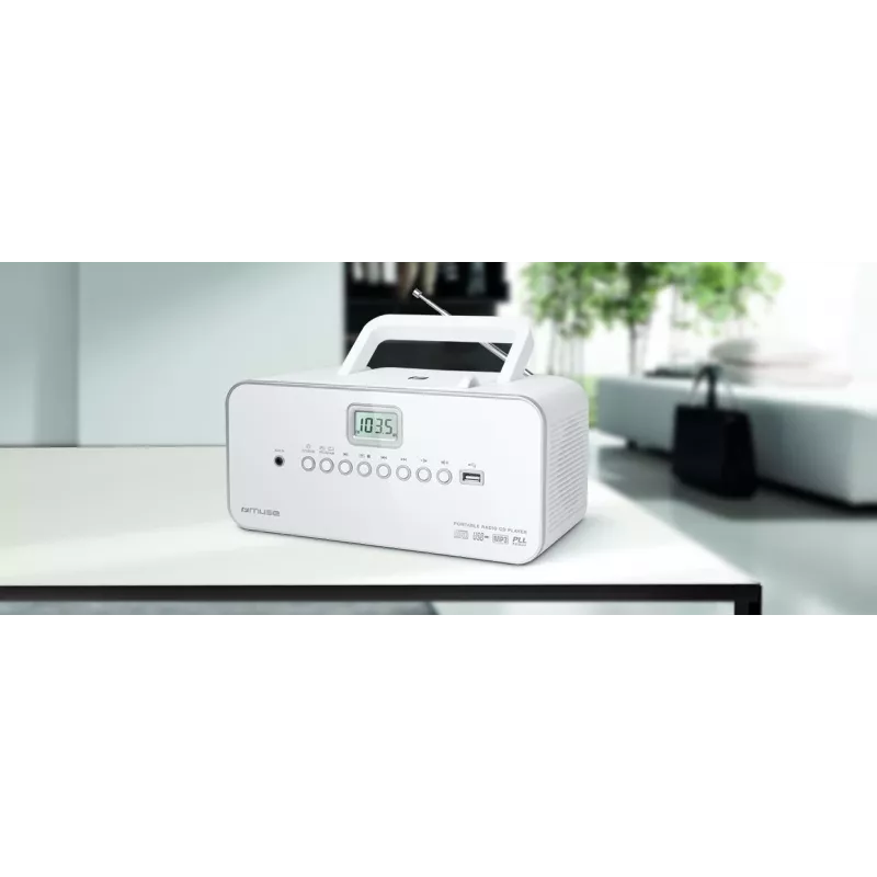 Przenośny system stereo Muse M-28RDW — odtwarzacz CD/MP3, tuner FM/MW, 3W RMS, biały, 1,4 kg