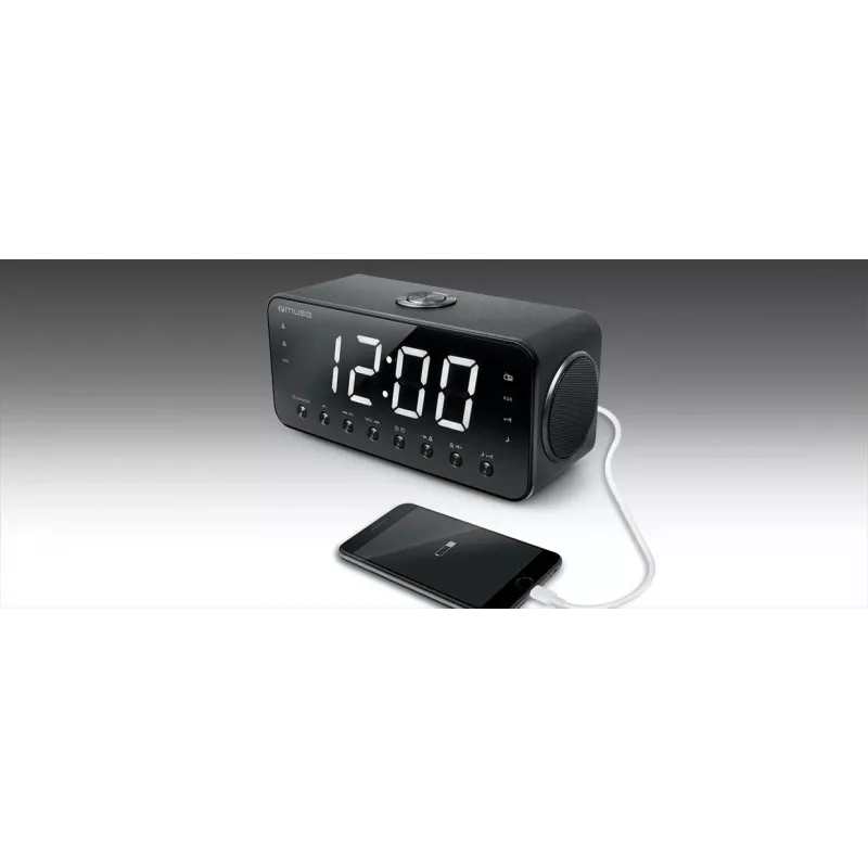 Zegar radiowy Muse M-192 CR — zegar cyfrowy, tuner FM, wyświetlacz LED 1,8 cala, czarne drewno, zasilanie AC 100–240 V, bateria zapasowa AAA