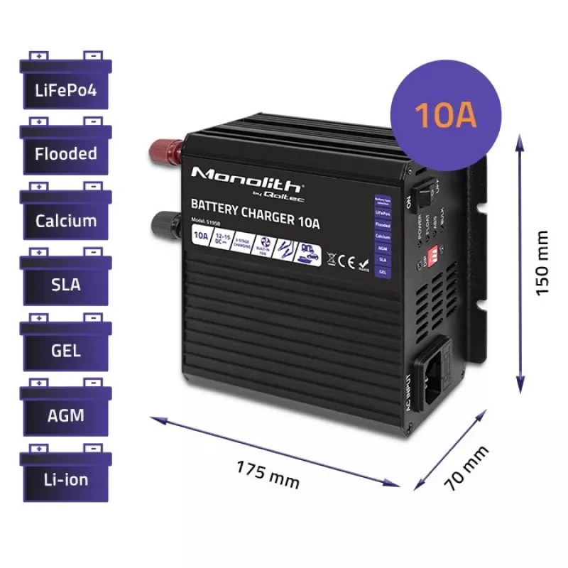 Qoltec Smart Monolith ładowarka akumulatora do akumulatorów LiFePO4 AGM GEL SLA | 10A | 12V