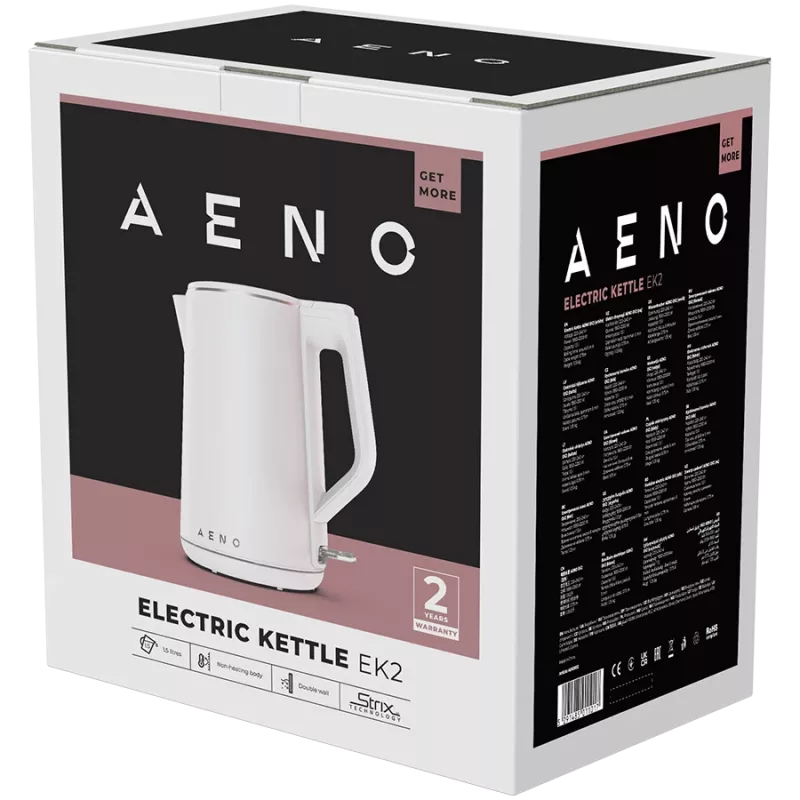 Czajnik elektryczny AENO EK2: 1850-2200W, 1,5L, Strix, podwójne ścianki, nie nagrzewający się korpus, automatyczne wyłączanie, zabezpieczenie przed suchym gotowaniem