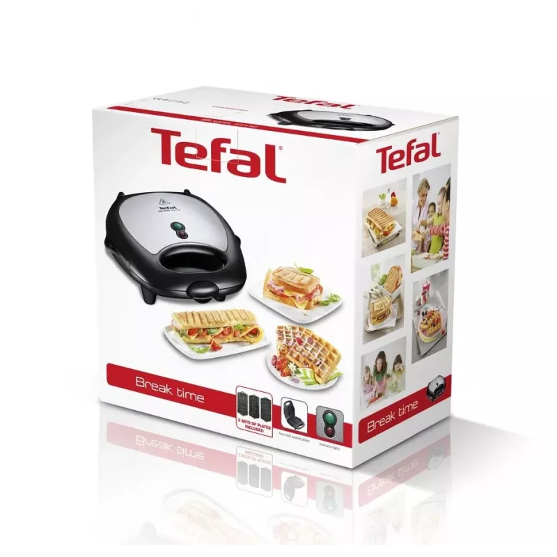 Opiekacz do kanapek Tefal Break Time SW6148 — 2 kanapki, wyjmowane płyty nieprzywierające, schowek na przewód, czarny/szary