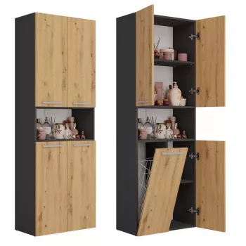 Szafka łazienkowa Top e Shop NEL 1K DK ANT/ART KP — Grafit/Dąb, wolnostojąca, 5 półek, 600×300×1740 mm