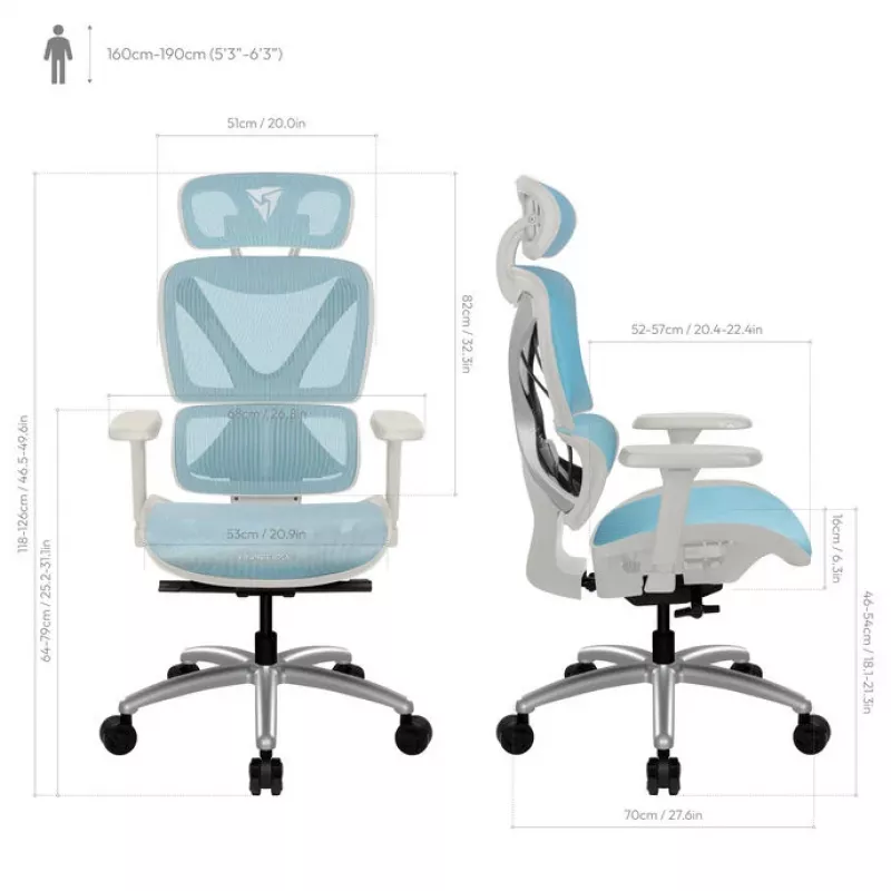 Ergonomiczne krzesło biurowe thunder x3 TEGC-3073102.B1 — tapicerka biało-niebieska, regulowane podłokietniki, wysokie oparcie