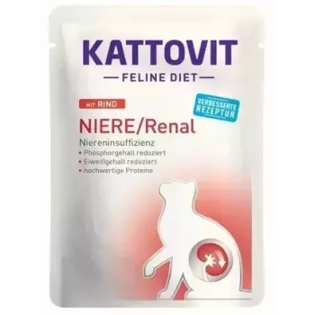 Mokra karma dla kotów KATTOVIT Feline Diet Niere/Renal wołowina 85 g — weterynaryjna dieta nerkowa dla dorosłych kotów, 80% wilgotności, 6% białka