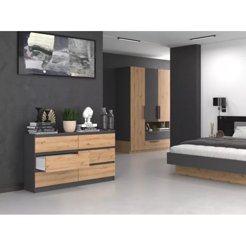Komoda Top e Shop M6 140 ANT/ART, 6 szuflad, Antracyt Dąb, 1380×750×400 mm