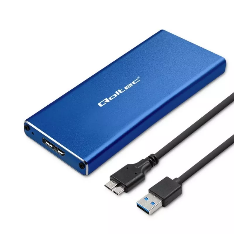Obudowa SSD QOLTEC 51832 — zewnętrzna M.2 SATA, USB 3.0, do 2 TB, niebieska, obsługuje dyski 30 mm, 4 gniazda