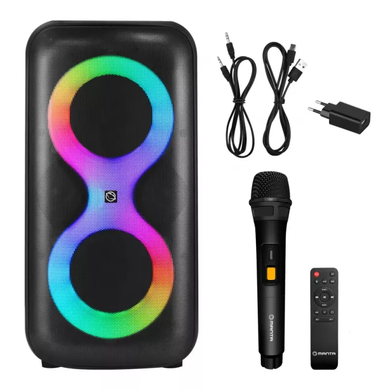 Przenośne centrum muzyczne MANTA SPK0401B100 głośnik Bluetooth, 100 W mocy szczytowej, radio FM, karaoke, wbudowany akumulator, X-BASS