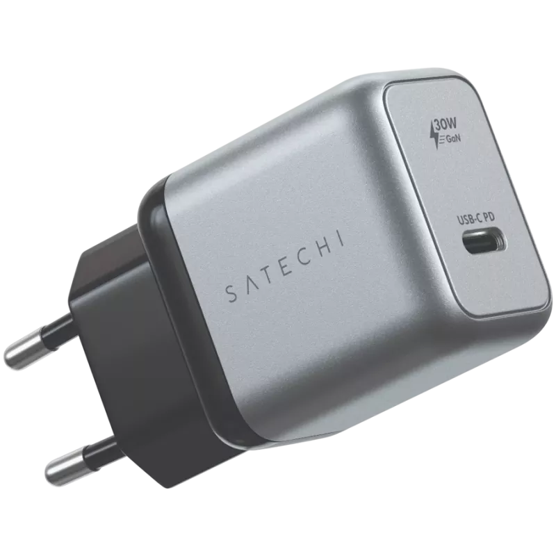 Ładowarka do urządzeń mobilnych Satechi ST-UC30WCM-EU — Uniwersalna ładowarka sieciowa do użytku wewnętrznego z 1× USB-C, czarno-srebrna
