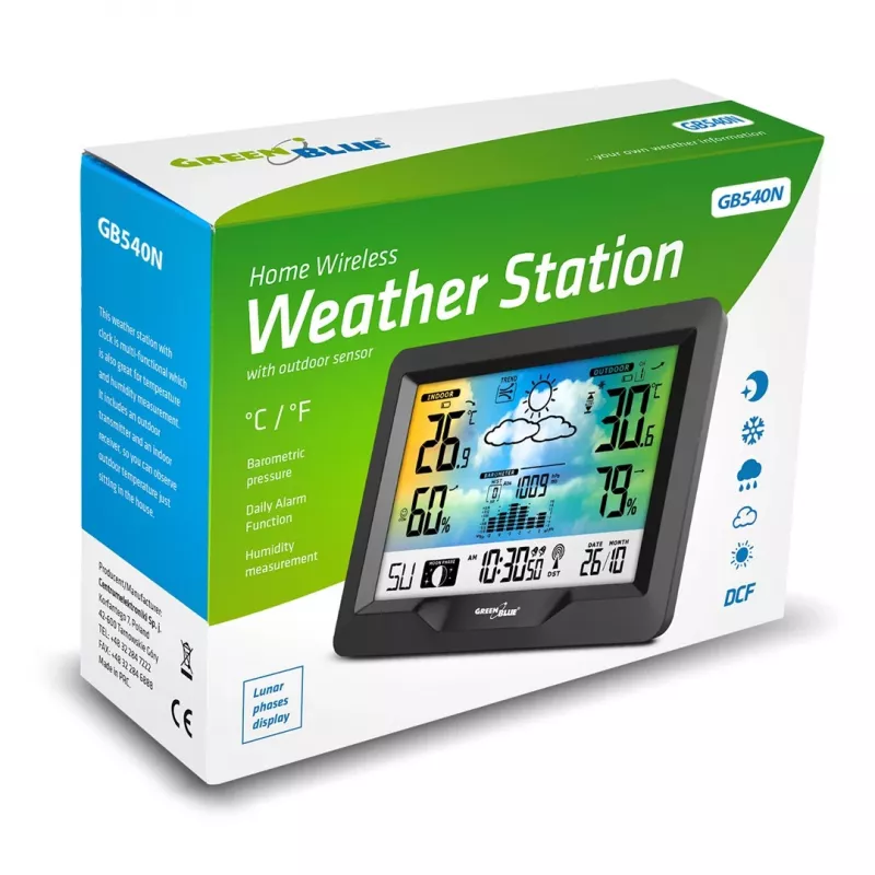 Bezprzewodowa stacja pogodowa GreenBlue GB540N — monitorowanie temperatury i wilgotności wewnątrz i na zewnątrz