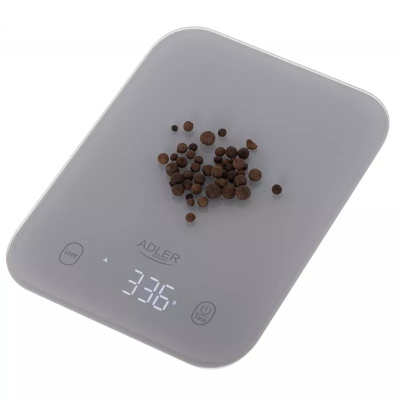 Waga kuchenna Adler AD 3181, szkło hartowane, nośność 10 kg, dokładność 1 g, wyświetlacz LCD, szary