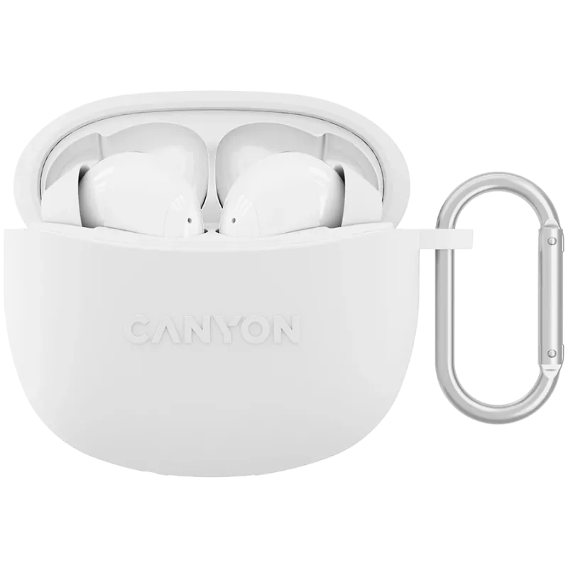 Słuchawki Bluetooth Canyon TWS-5, z mikrofonem, BT V5.3 JL 6983D4, pasmo przenoszenia: 20Hz-20kHz, bateria słuchawek 40mAh*2 + etui ładujące 500mAh, USB-C