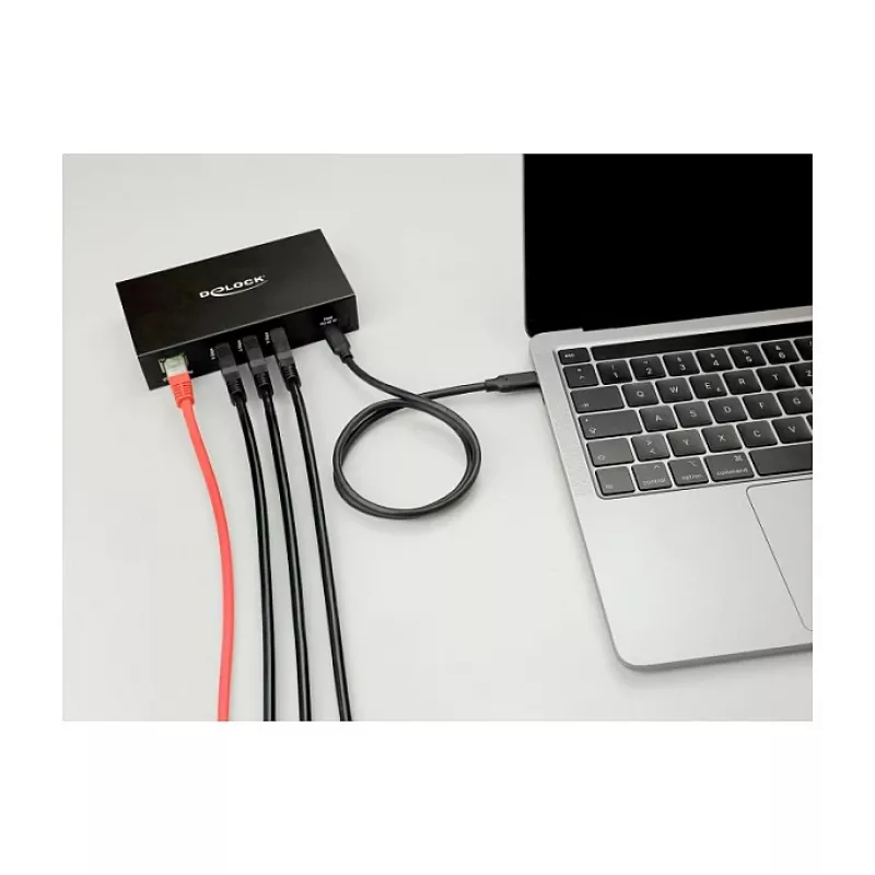 Koncentrator USB DELOCK 3-portowy 5 Gb/s z RJ45 Gigabit PoE++ i hostem USB Type-C, obudowa metalowa, izolacja 1,5 kV, czarny