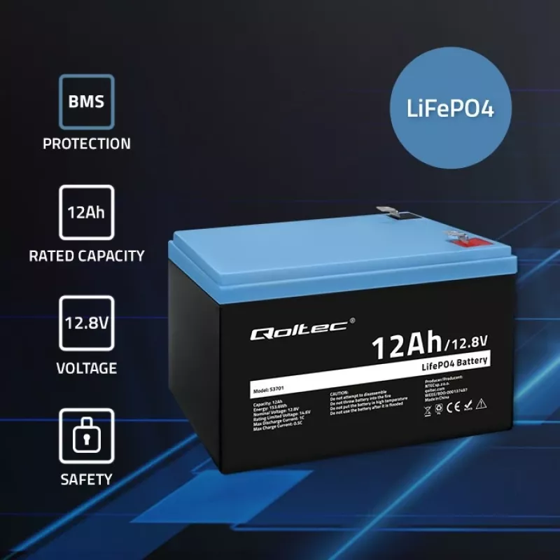 Qoltec LiFePO4 akumulator litowo-żelazowo-fosforanowy 12,8 V 12 Ah 153,6 Wh z BMS