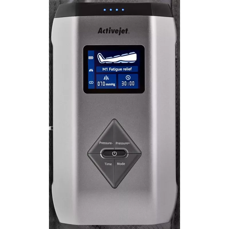 Masażer limfatyczny uciskowy do nóg ActiveJet ACM-PLUS-A1 L — bateria 25 W, wbudowany akumulator, 380×1020×60 mm, czarny