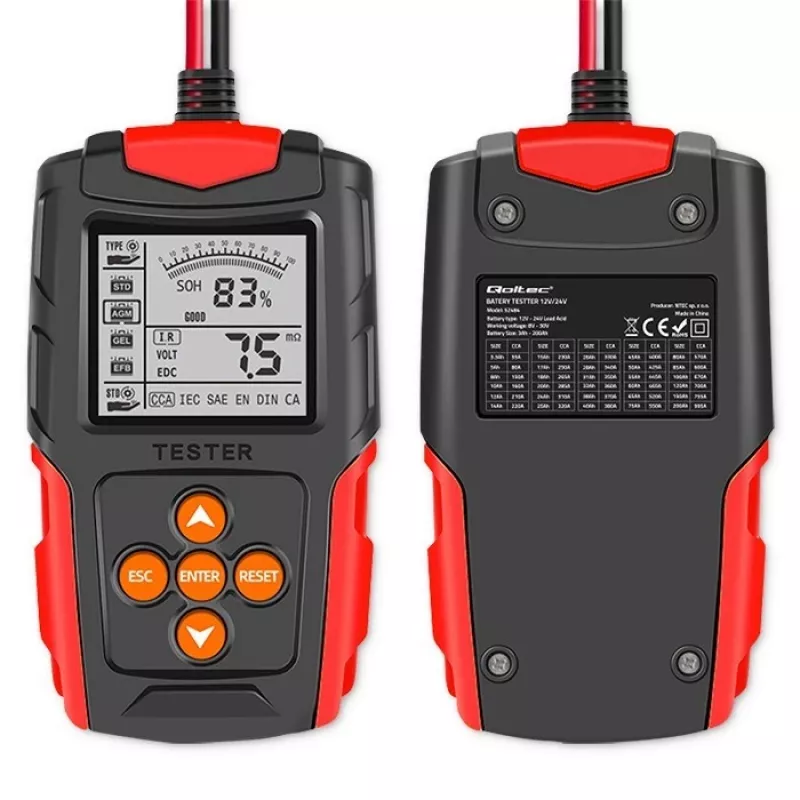 Qoltec 52484 Cyfrowy tester akumulatorów LCD | 12V | 24V | 3Ah-200Ah