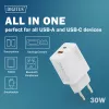 Ładowarka sieciowa USB GaN DIGITUS DA-10301 — 30 W, 1× USB-C, 1× USB-A, 100–240 V, biała