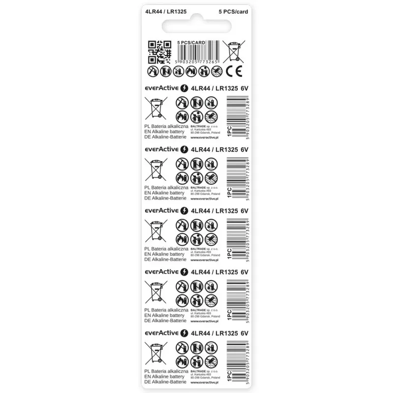 Alkaliczne baterie pastylkowe everActive LR44 1,5V — opakowanie 5 szt.