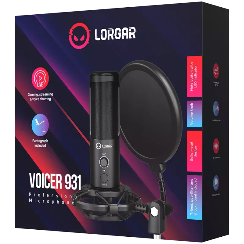 Mikrofon gamingowy LORGAR Voicer 931, czarny, USB, pojemnościowy, z wysięgnikiem, pop filtrem i statywem trójnogiem. Zawiera: 1× mikrofon, 1× wysięgnik z zaciskiem C, 1× amortyzator