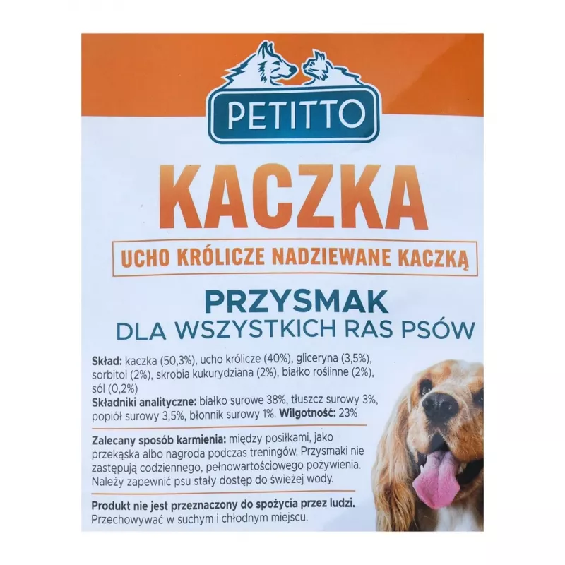 Przysmaki dla psa PETITTO Ucho Królika Nadziewane Kaczką 500 g — jednoskładnikowy hipoalergiczny gryzak do żucia