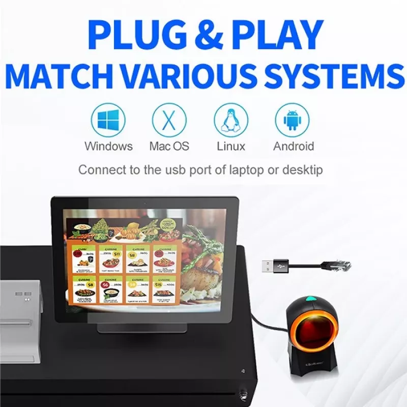 Przewodowy stacjonarny skaner kodów kreskowych QOLTEC 50857 — 1D/2D, USB, obudowa ABS, czarny, kabel 1,75 m