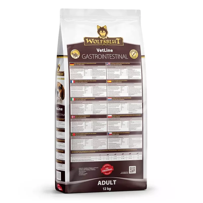 Sucha karma dla psa Wolfsblut VetLine Gastrointestinal Duck 12 kg — dieta weterynaryjna dla zdrowia układu pokarmowego, białko 20%, tłuszcz 10%