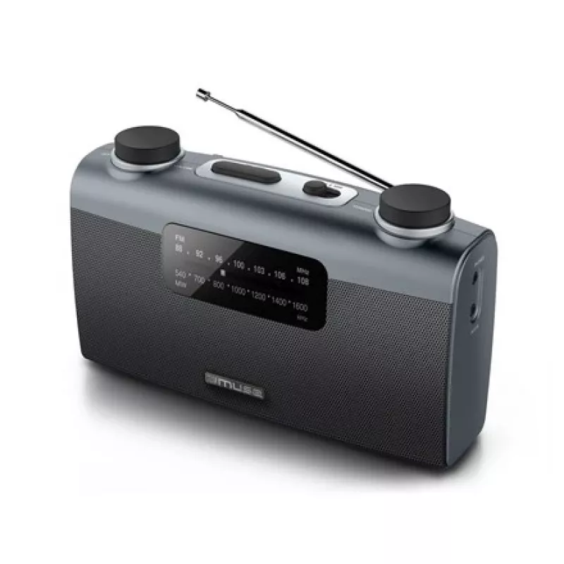 Radio przenośne Muse M-058 R — AM/FM, obrotowa regulacja głośności, zasilanie bateryjne lub sieciowe (230V, 50Hz), czarno-szare