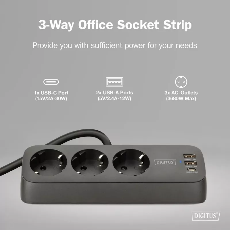 Listwa zasilająca DIGITUS 3-gniazdowa z 2×USB-A i 1×USB-C, 3 gniazda AC typu E/F, kabel 1,5 m, czarna