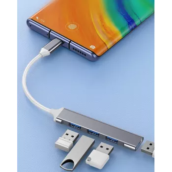 Koncentrator USB VAKOSS TC-4125X — 1× USB 3.0 Type-A, 3× USB 2.0 Type-A, Host: USB Type-C, srebrny
