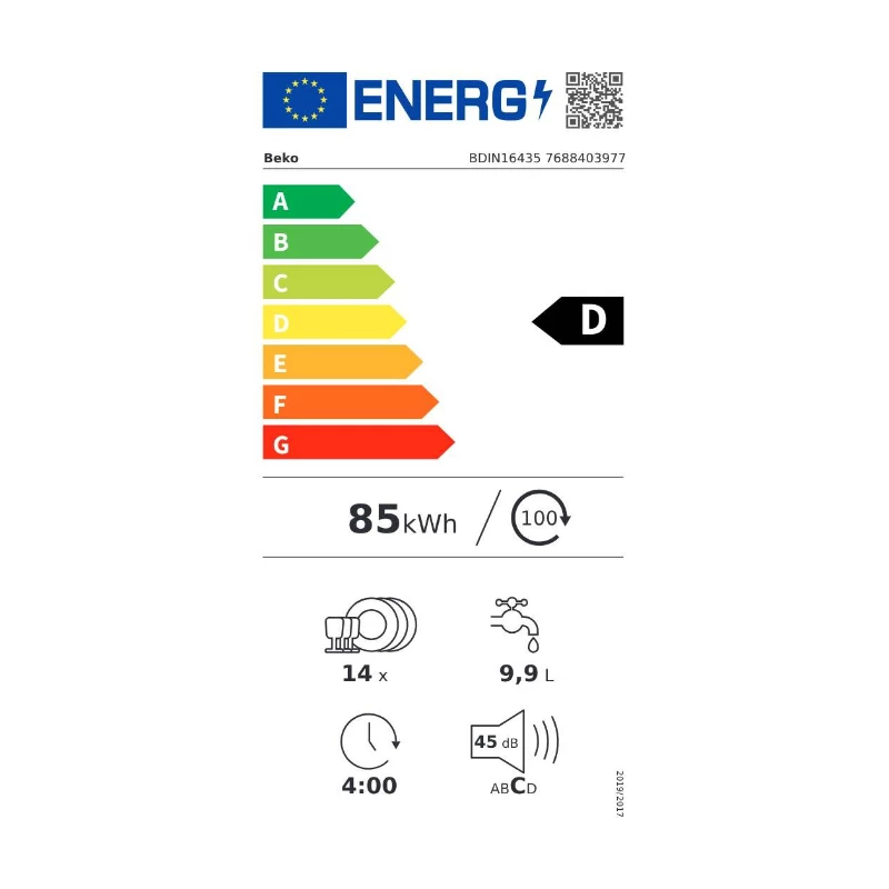 BEKO Zmywarka do zabudowy BDIN16435, Klasa energetyczna D, SelfDry, Led spot