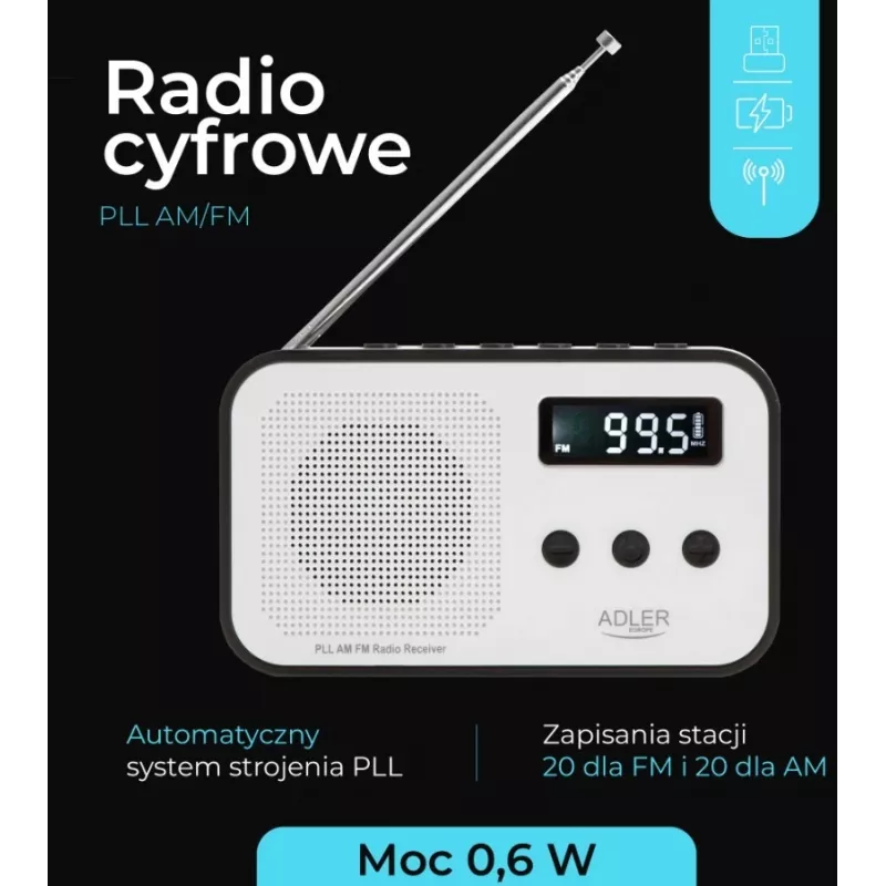 Przenośne radio cyfrowe Adler AD 1907 — AM/FM, tuner cyfrowy, alarm, USB-C, bateria 600 mAh, LCD, 20 ustawień, antena teleskopowa