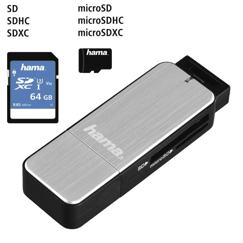 Hama 123900 czytnik kart USB 3.0 SD/microSD, aluminium, czarny/srebrny