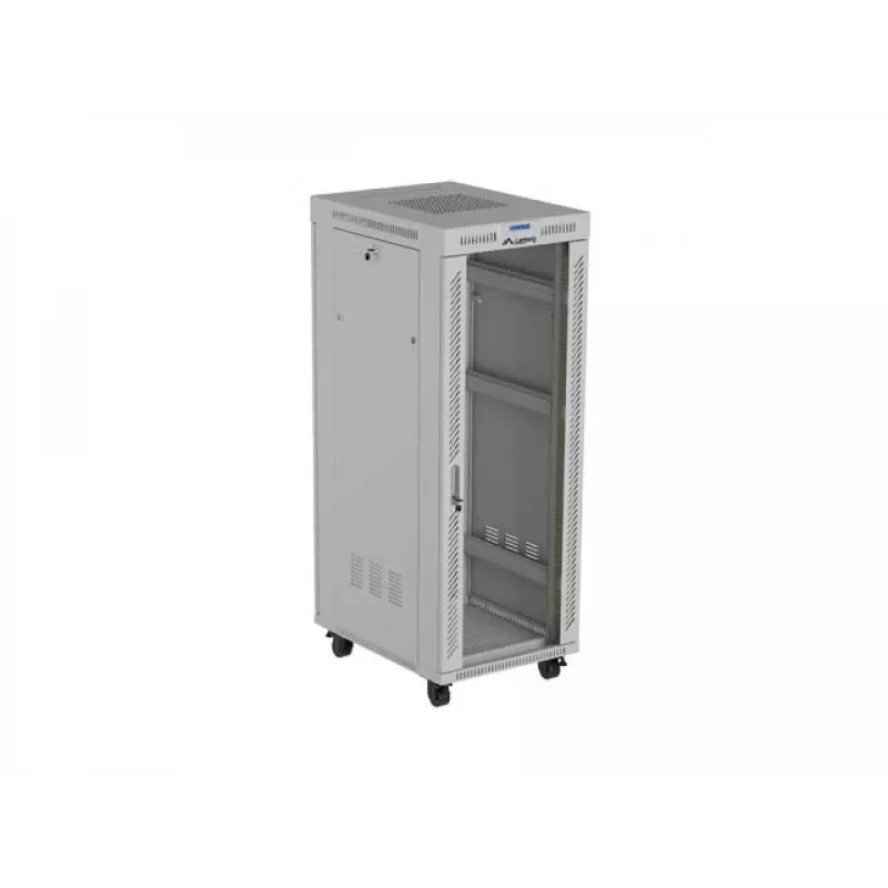 19-calowa szafa stojąca LANBERG 32U 600×800 mm szara z drzwiami szklanymi i LCD (płaski Pack)