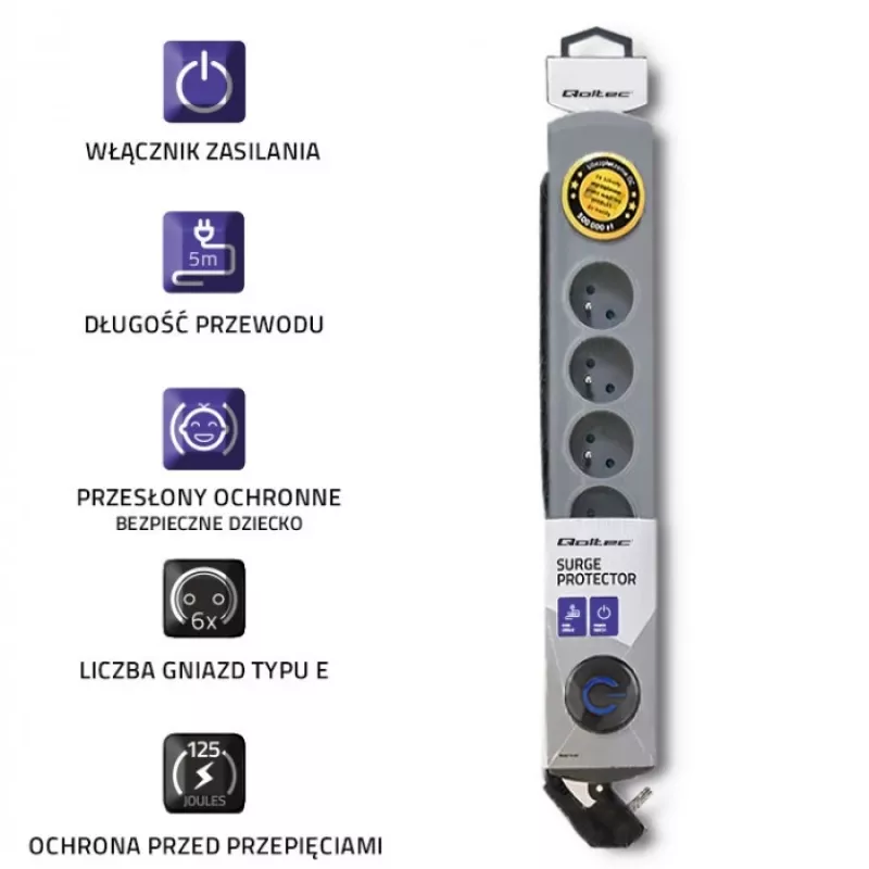 Listwa przeciwprzepięciowa QOLTEC 50199 — 6 gniazd, kabel 5 m