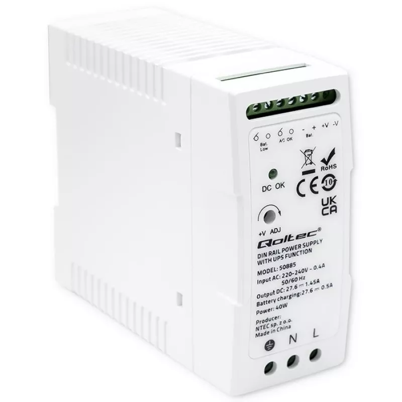 Qoltec 50885 Stabilny zasilacz na szynę DIN z funkcją UPS | 40 W