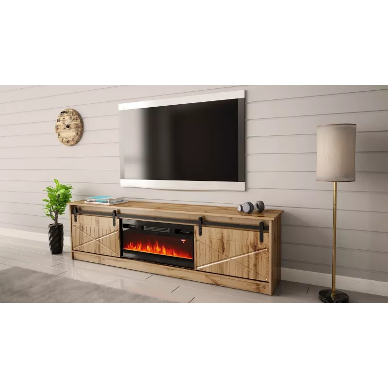Szafka RTV Cama Meble GRANERO z szafką pod kominek, dąb Wotan, 2000×350×567 mm, 2 drzwi, 2 półki