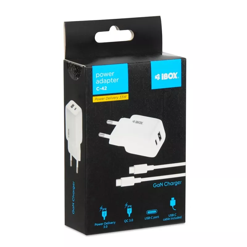 Ładowarka USB IBOX ILUC42W 42W (maks. 33W), 1×USB-C PD3.0, 1×USB-A QC3.0, 100–240V, biała