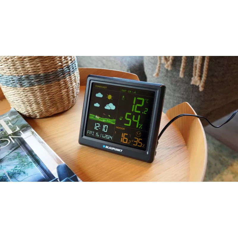 Stacja pogodowa BLAUPUNKT WS25BK — monitor temperatury i wilgotności wewnątrz i na zewnątrz, czarny, 1 czujnik, wyświetlacz LCD