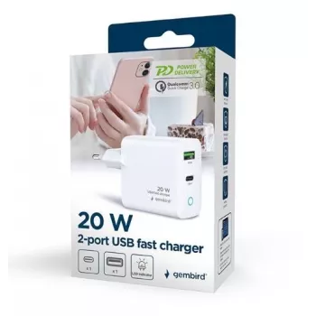 Alimentator Retea 220V GEMBIRD, Uniwersalny, 1 X USB Type-C D 20W, 1 X USB-a 3.0 QC 18W, Wskaźnik LED, Biały
