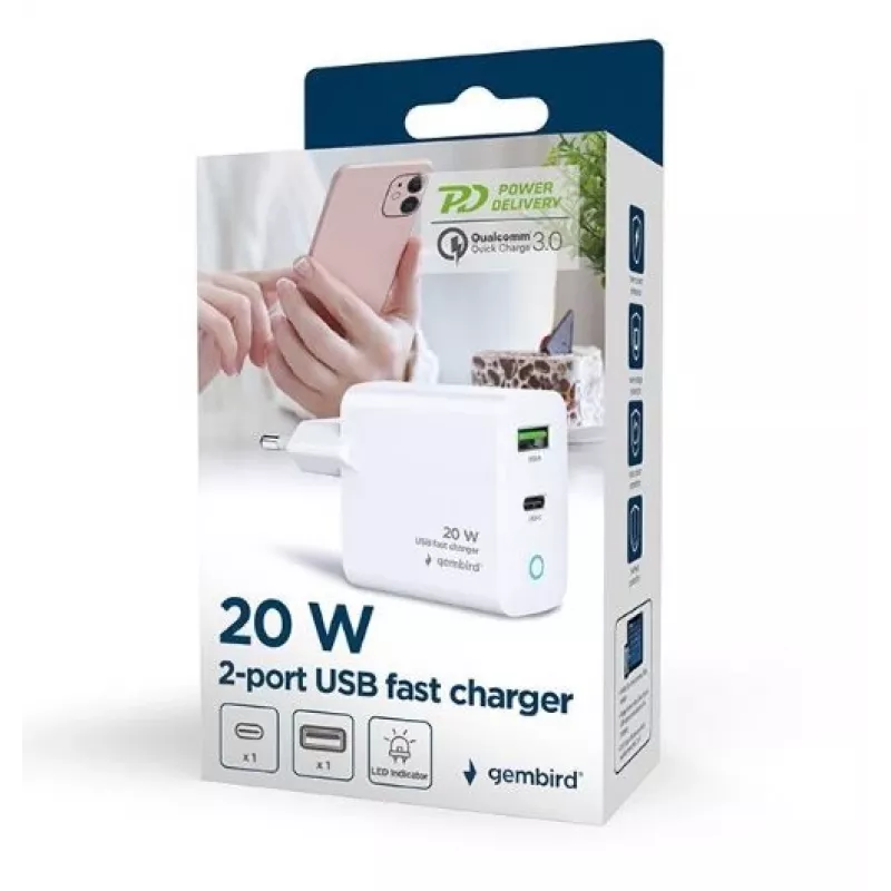 Alimentator Retea 220V GEMBIRD, Uniwersalny, 1 X USB Type-C D 20W, 1 X USB-a 3.0 QC 18W, Wskaźnik LED, Biały