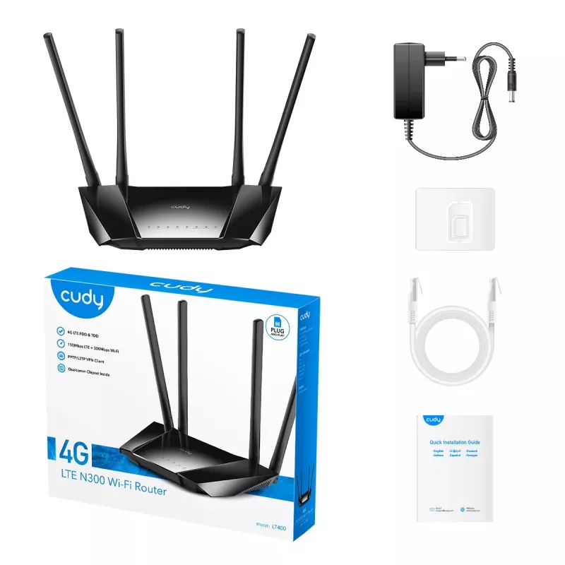 Router bezprzewodowy Cudy LT400 Fast Ethernet, jednopasmowy (2,4 GHz), 4G, czarny