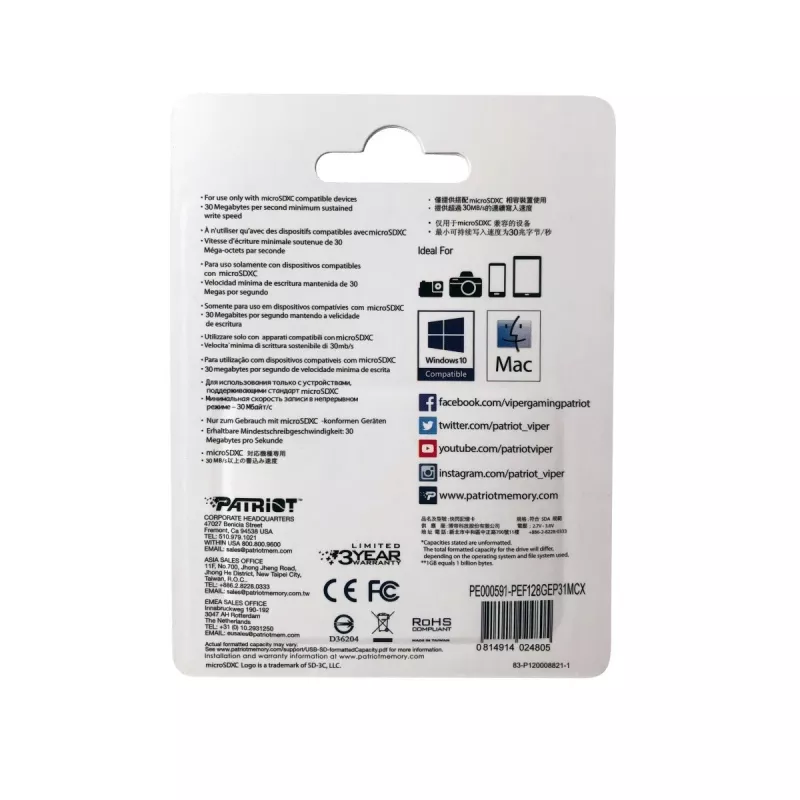 Karta pamięci microSDXC PATRIOT 128 GB Class 10 U3 V30, odczyt 100 MB/s, zapis 80 MB/s, microSDXC