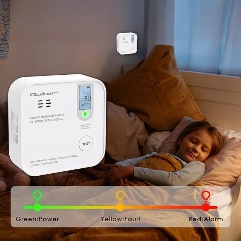 Czujnik tlenku węgla QOLTEC 52577 — alarm zasilany bateriami, poziom dźwięku 85 dB