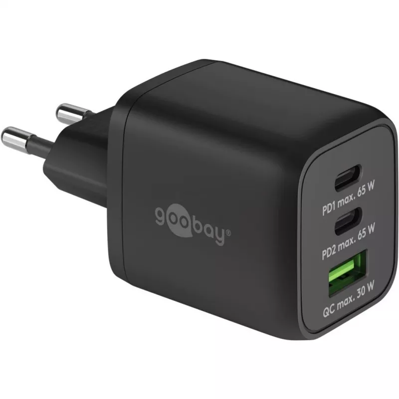Szybka ładowarka USB-C Nano, PD, GaN, 65 W, pleciony kabel USB-C (czarna, 1x USB-A, 2x USB-C PD, Quick Charge 3.0, kabel 1 metr)