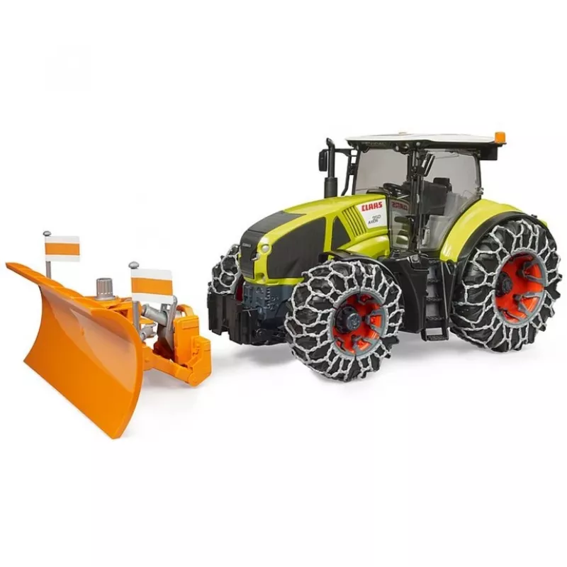 Ciągnik-zabawka BRUDER Claas Axion 950 z łańcuchami śniegowymi i pługiem śnieżnym, model w skali