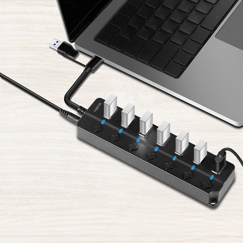 Koncentrator USB 3.2 Gen1, 7 portów z przełącznikami włącz/wyłącz, czarny