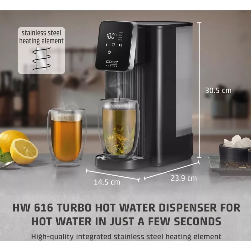 Caso Turbo Hot Water Dispenser | HW 616 | Dystrybutor wody | 2600 W | 2,5 L | Tworzywo sztuczne/Stal nierdzewna | Czarny/Stal nierdzewna